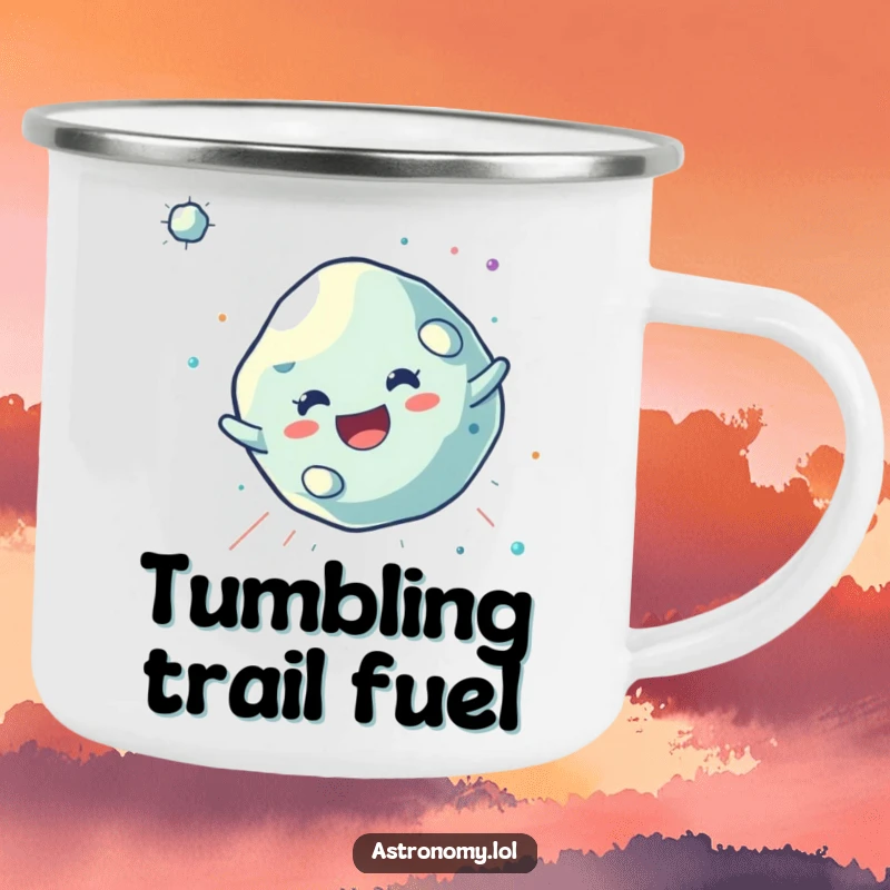 Funny Asteroid Camping Mug featuring a joyful, tumbling character, perfect for outdoor enjoyment with a sense of cosmic fun.