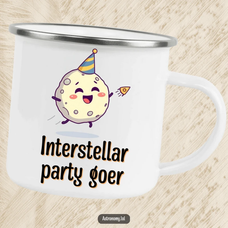 Funny asteroid camping mug featuring a giggling character in a party hat being chased by a comet, a humorous companion for camping.