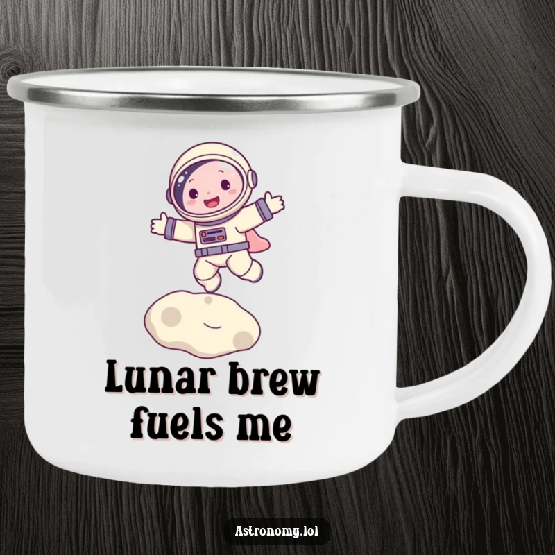 Funny camping mug featuring a cheerful astronaut character joyfully bouncing on the moon, perfect for outdoor sipping.