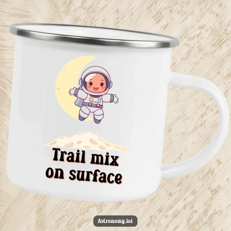 Funny camping mug showing a happy astronaut energetically bouncing on the moon, perfect for outdoor drinks with a humorous space theme.
