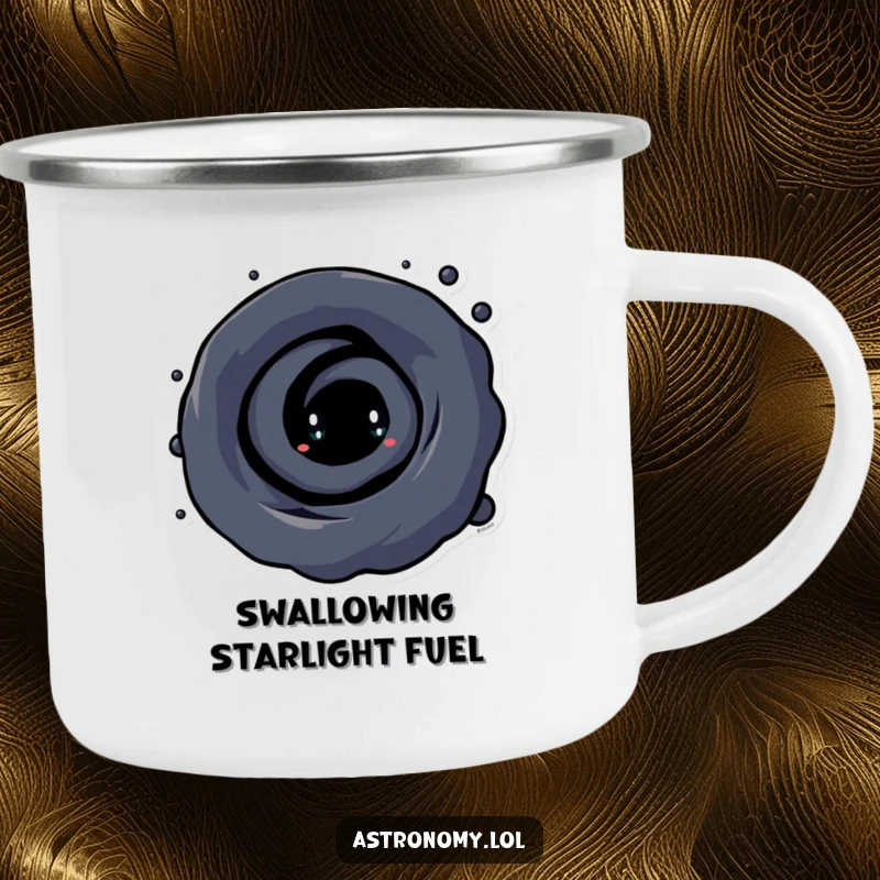 Funny Black Hole Camping Mug with a curious character and swirling vortex, ideal for sipping beverages under the stars with a smile.