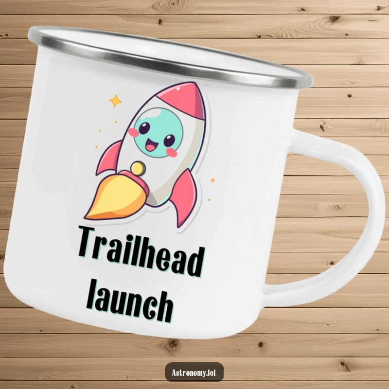 Funny cheerful rocketship character blasting off with a smile, a durable humorous camping mug for outdoor enthusiasts.