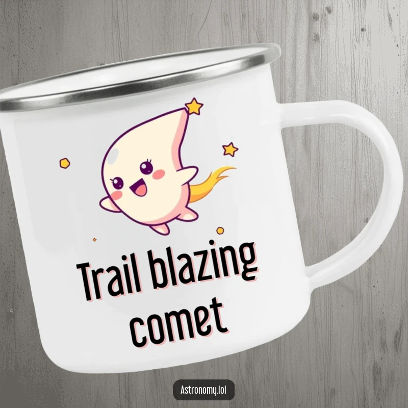 Funny camping mug featuring a happy comet character streaking through space, designed for durability and fun on any outdoor escapade.