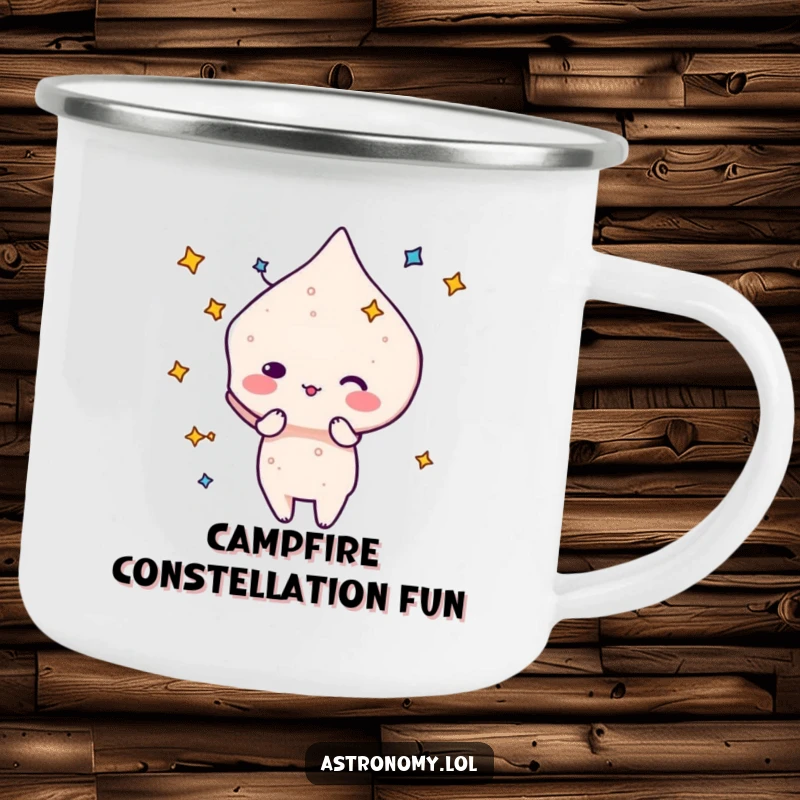 Funny Constellation Camping Mug featuring a playful character forming a silly shape, perfect for outdoor enjoyment with cosmic humor.