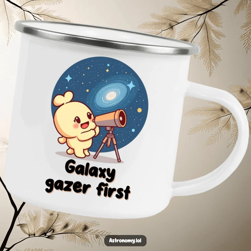 Funny telescope character peeking at a winking galaxy, on a sturdy camping mug, ready for outdoor exploration.