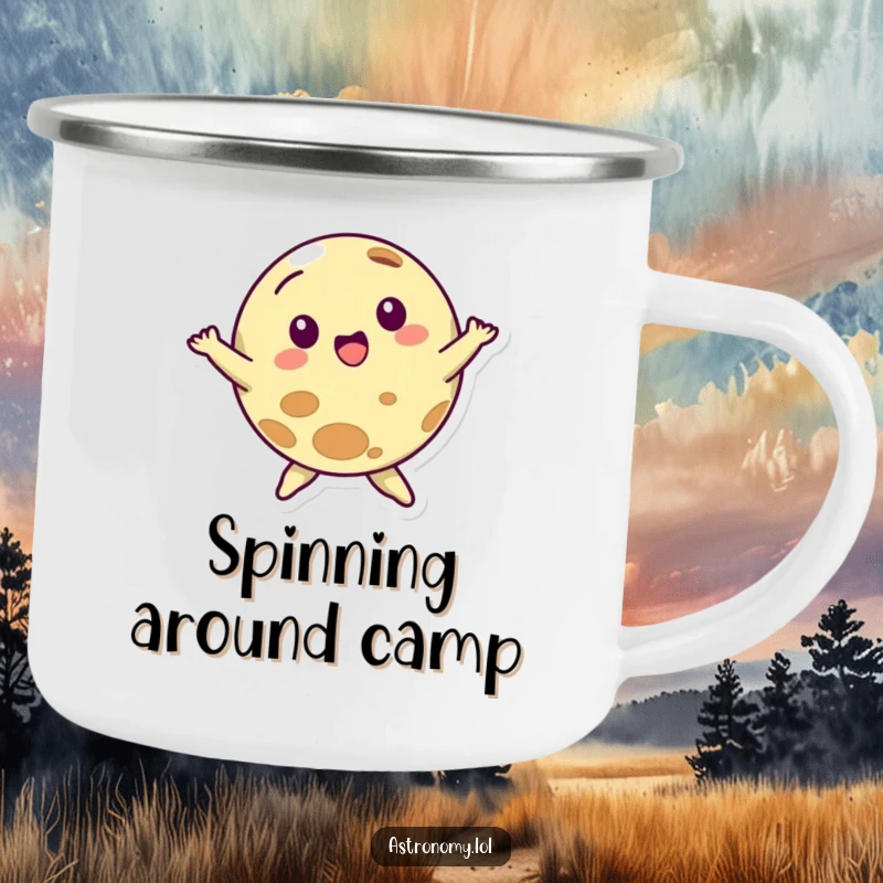 Funny camping mug featuring a planet character in a spin, perfect for enjoying beverages around the campfire with stellar amusement.