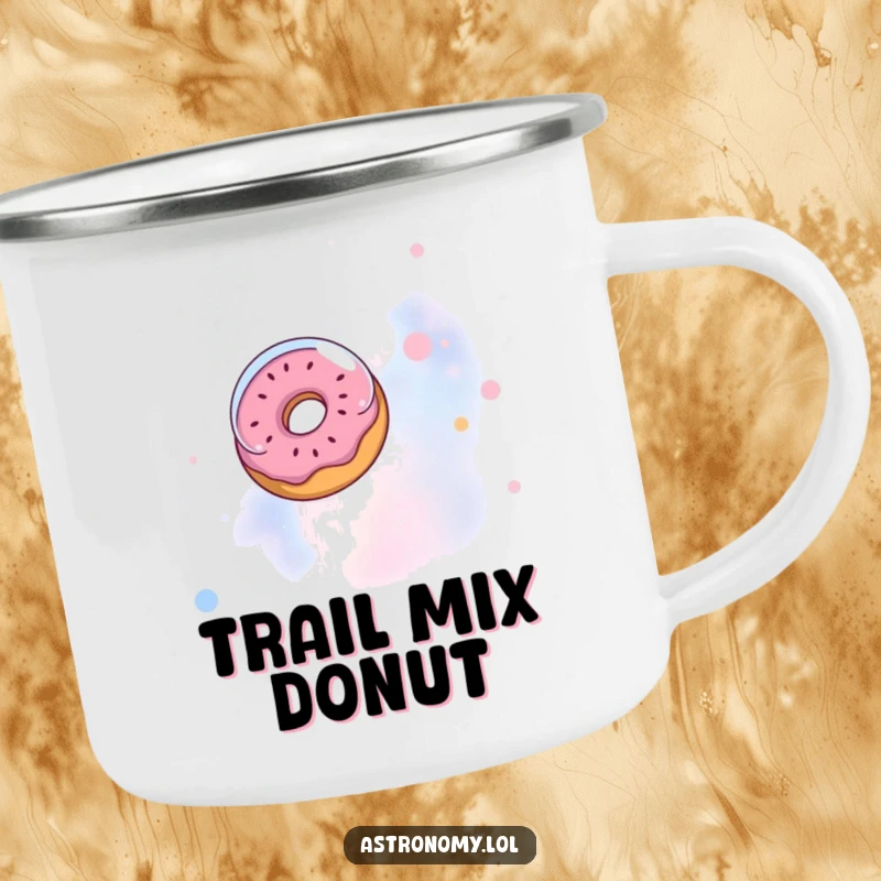 Funny camping mug: A donut with an astronaut helmet floating in a nebula, a humorous outdoor companion.
