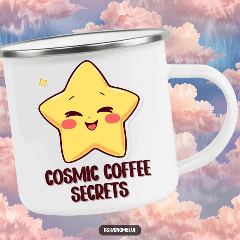 Funny Camping Mug featuring a giggling star character winking conspiratorially, ideal for outdoor adventures and sharing a humorous secret.
