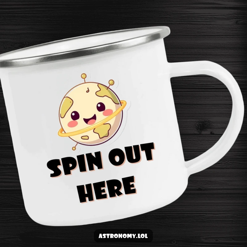 Funny happy planet character spinning cheerfully on a durable camping mug, perfect for outdoor enthusiasts.