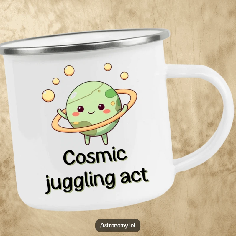 Funny planet camping mug featuring a happy character juggling moons, durable and amusing for all your outdoor coffee needs.