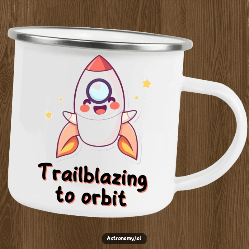 Funny Camping Mug featuring a playful rocket character smiling and blasting off, perfect for outdoor adventures and a dose of humor.
