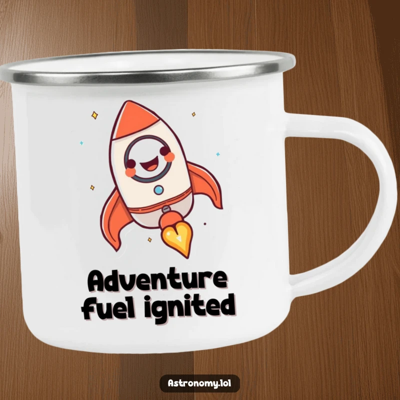 Funny rocket ship camping mug with a happy, grinning character blasting off, durable and humorous for outdoor use.