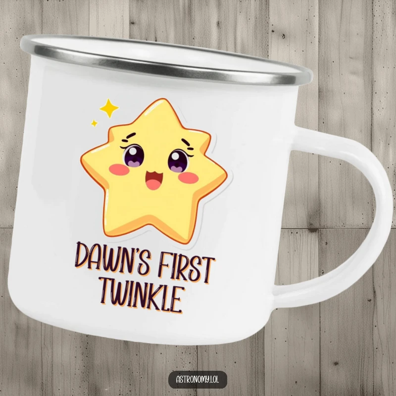 Funny camping mug featuring a delighted star character twinkling brightly, perfect for outdoor drinks. Gift idea.
