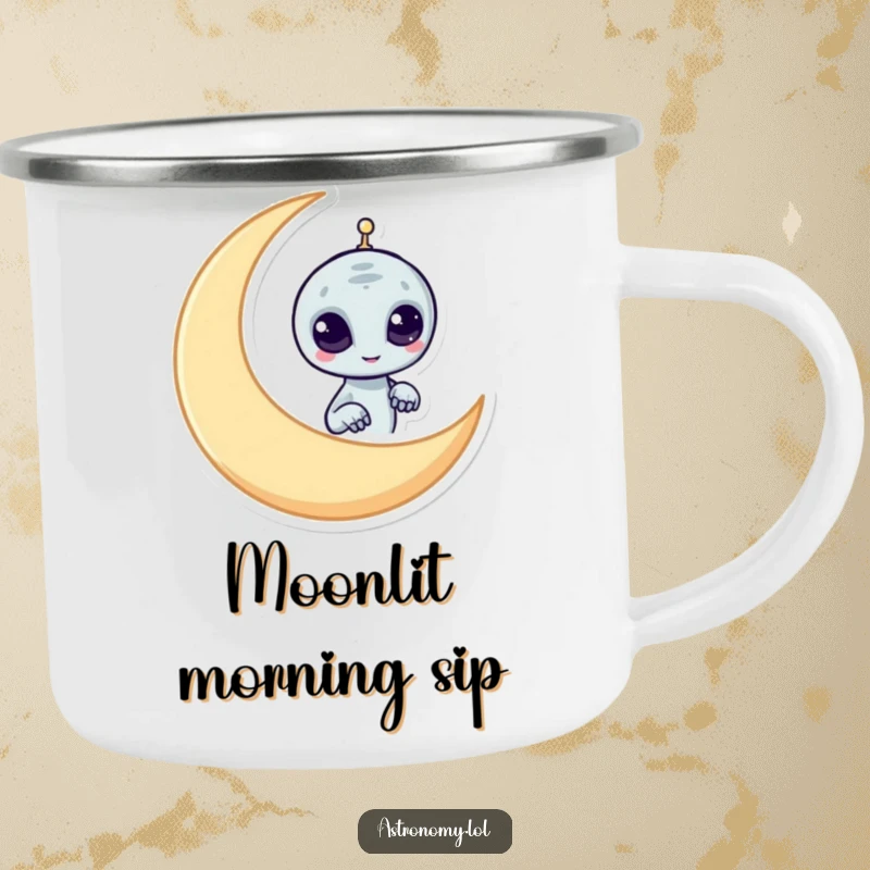 Funny alien camping mug with a mischievous character peeking from behind a crescent moon, durable and humorous for outdoor use.