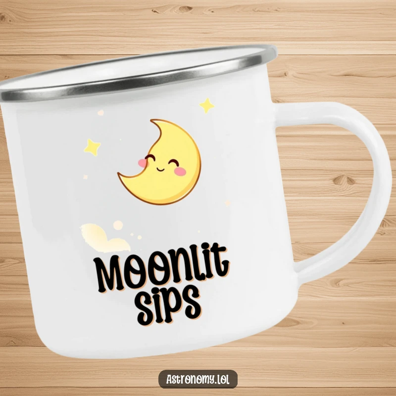 Funny enamel camping mug featuring a giggling moon character winking from the sky, perfect for rugged adventures and playful sipping.