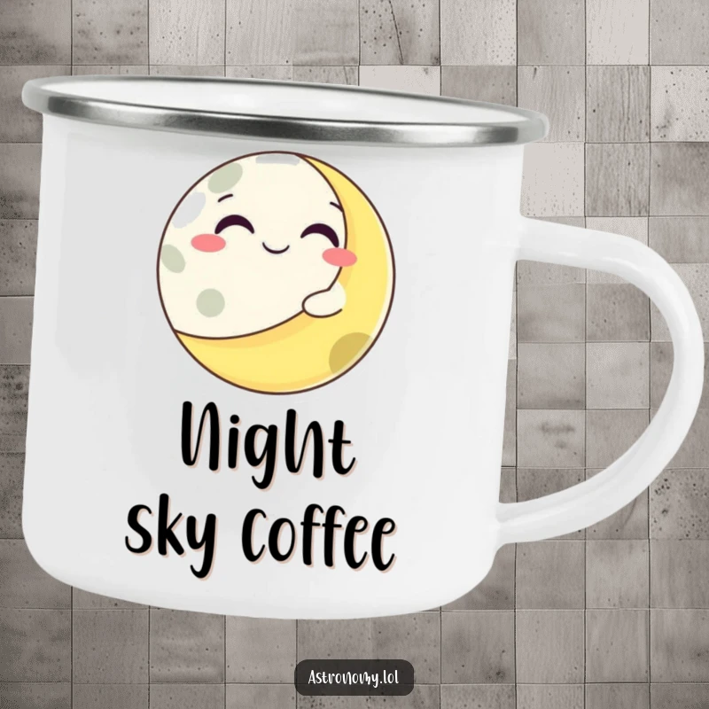 Funny grinning moon character winking from behind a playful planet, ideal for enjoying drinks outdoors.