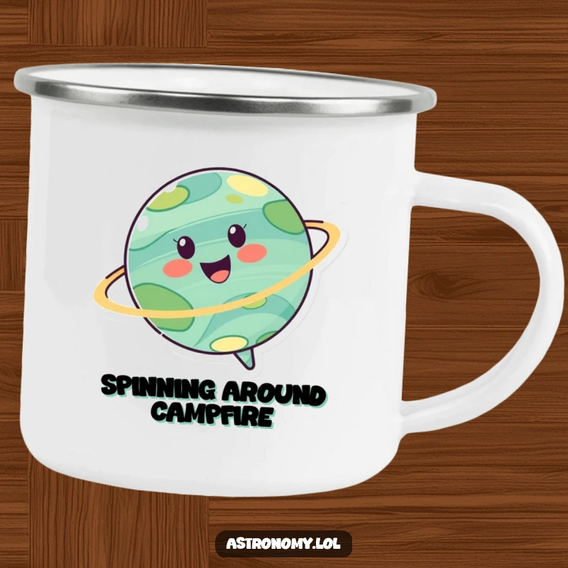 Funny camping mug showing a cheerful planet character spinning joyfully, perfect for outdoor drinks with a humorous cosmic theme.