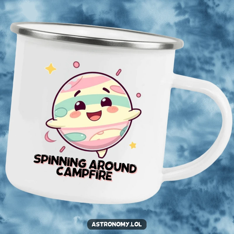 Funny camping mug featuring a delighted planet character spinning with a happy grin, perfect for outdoor sipping.