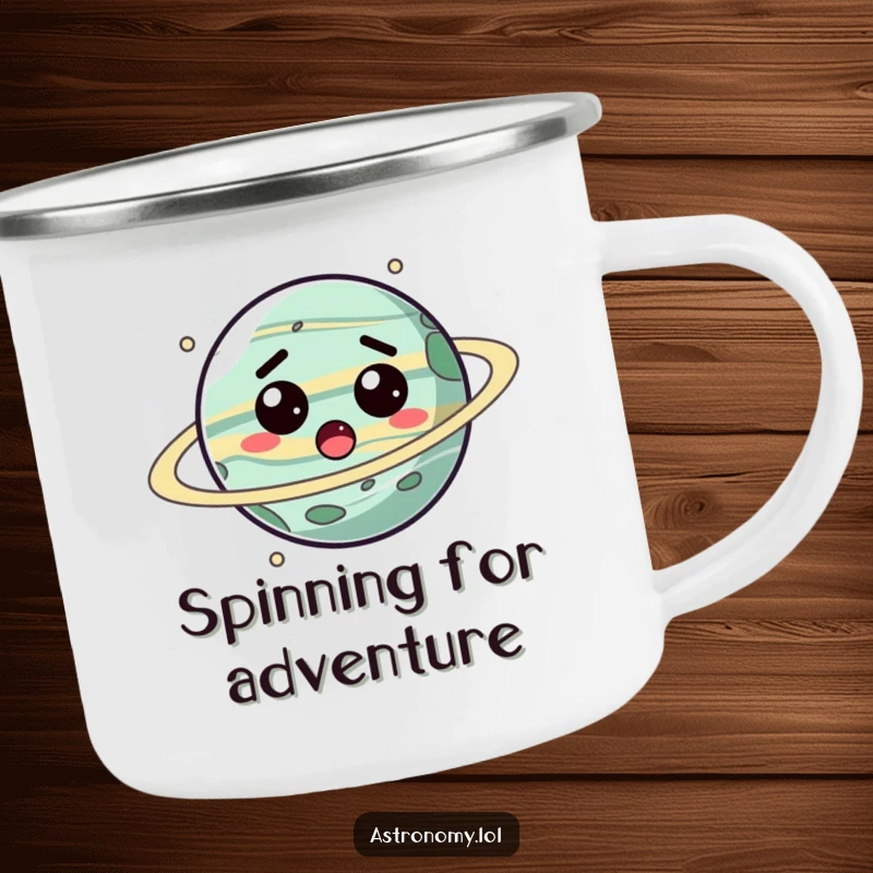 Funny planet camping mug with a surprised, spinning character, durable and humorous for outdoor adventures.