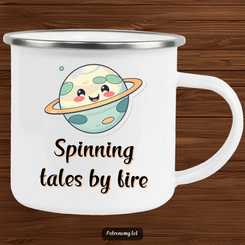 Funny enamel camping mug with a cute, smiling planet character happily spinning, perfect for rugged adventures and cheerful sipping.