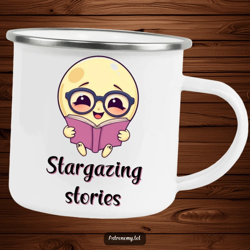 Funny camping mug: A smiling moon wearing glasses reads a book, a humorous outdoor companion.