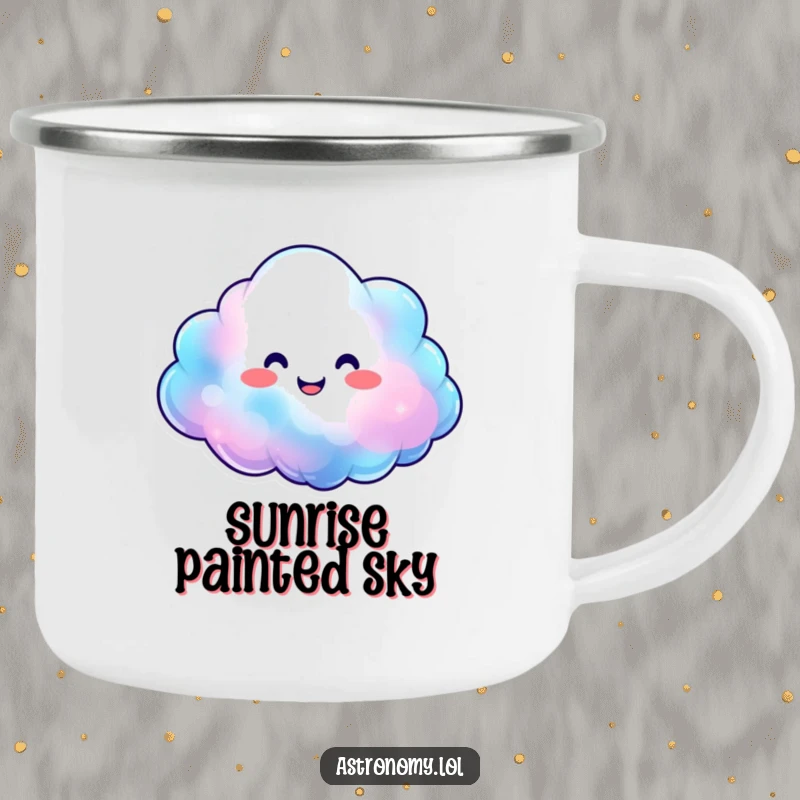 Smiling nebula cloud character expanding with happy, vibrant colors on a sturdy camping mug, perfect for colorful adventures.