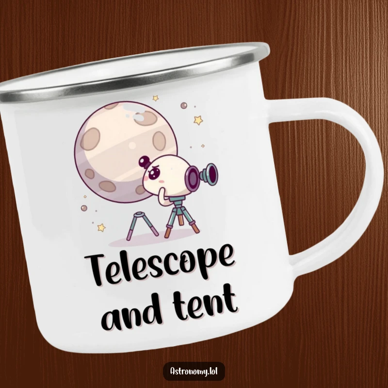 Funny camping mug with a cute, surprised character peering through a telescope at a giggling planet, ideal for outdoor fun and humor.