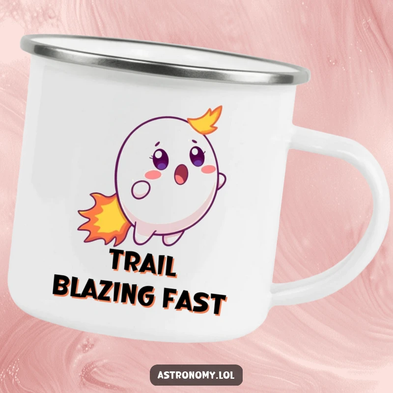 Funny camping mug showing a surprised comet character, its fiery tail lit up against a starry night sky, ready for adventure.