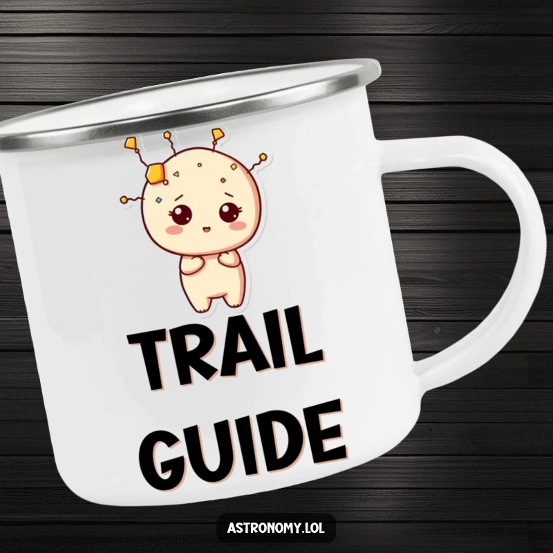 Funny constellation camping mug with a curious character humorously shaping itself, durable for outdoor excursions.