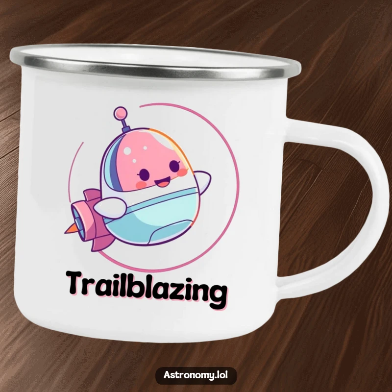 Funny Camping Mug: A Cheerful Spaceship Character Doing a Loop-de-Loop, perfect for outdoor adventures. A great funny gift.