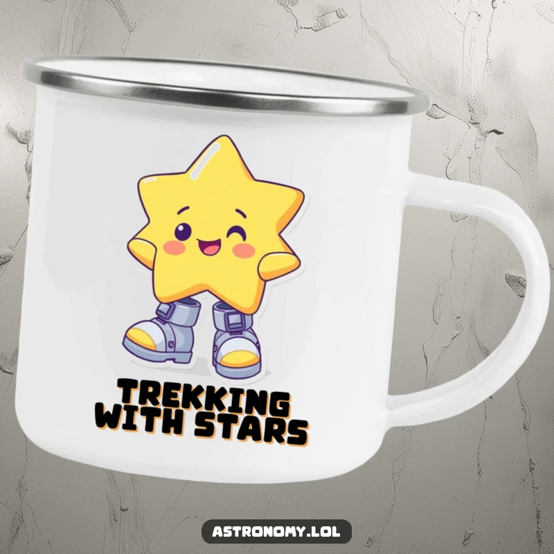 Funny star camping mug featuring a cheerful character wearing oversized, wonky gravity boots, a humorous and sturdy outdoor companion.