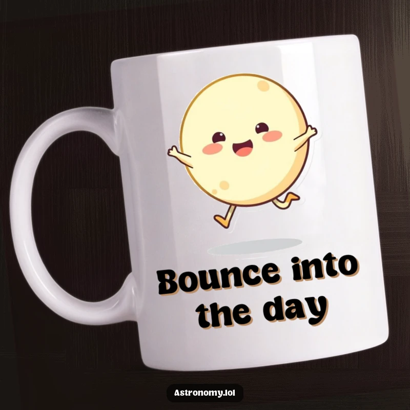 Bouncing moon character joyfully skipping across the sky on a ceramic mug, radiating pure delight and lunar humor.
