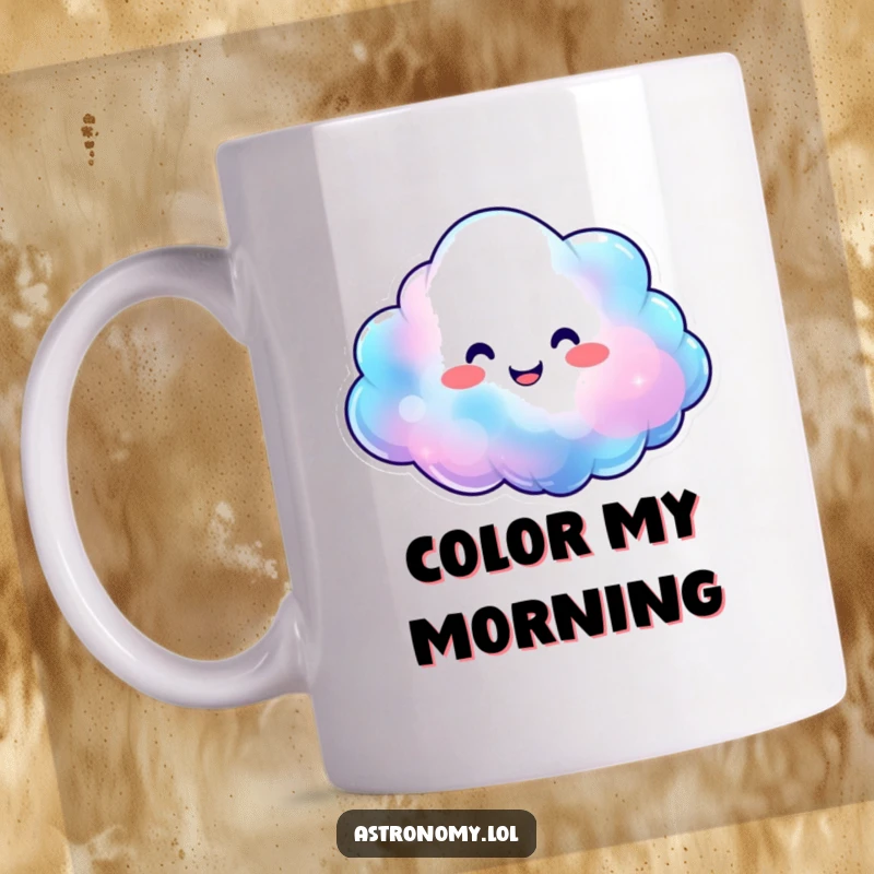 Smiling nebula cloud character expanding with happy, vibrant colors on a ceramic mug, radiating positive cosmic energy.