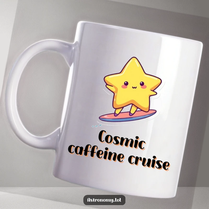 Funny cute star character joyfully surfing on a tiny, shimmering comet tail, conveying pure bliss and adventure.