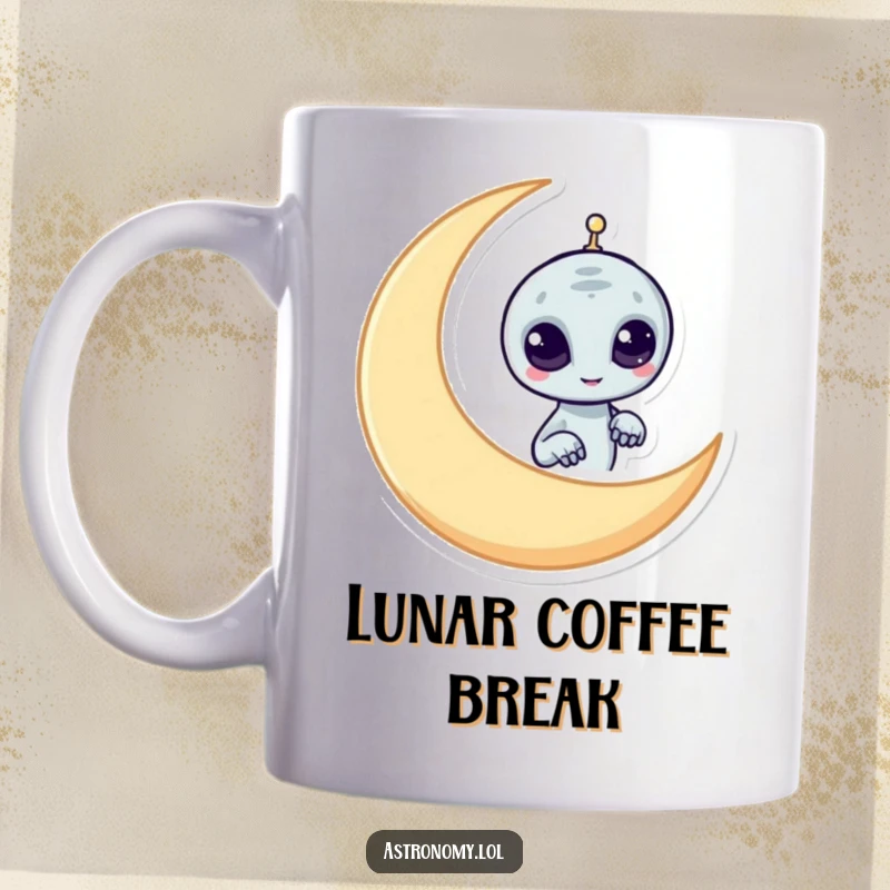 Funny alien mug featuring a mischievous character peeking playfully from behind a crescent moon, a quirky space collectible.