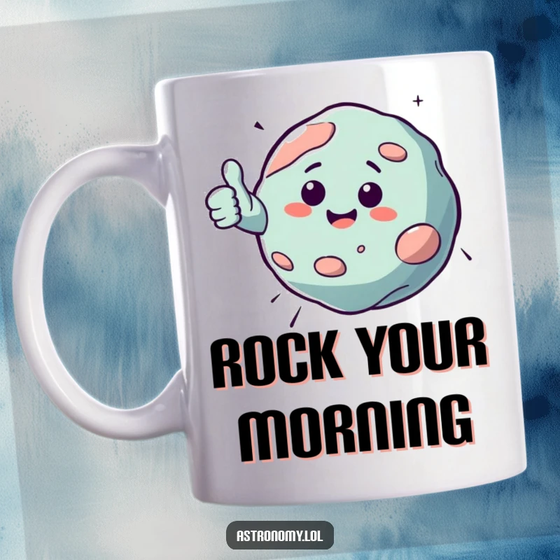 Funny mug featuring a small, bouncing asteroid character giving a cheerful thumbs up with a happy expression, conveying spacey positivity.