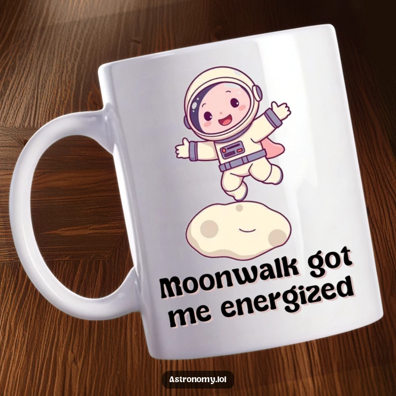 Funny mug featuring a joyful astronaut character bouncing with glee on the surface of the moon, capturing pure lunar excitement.
