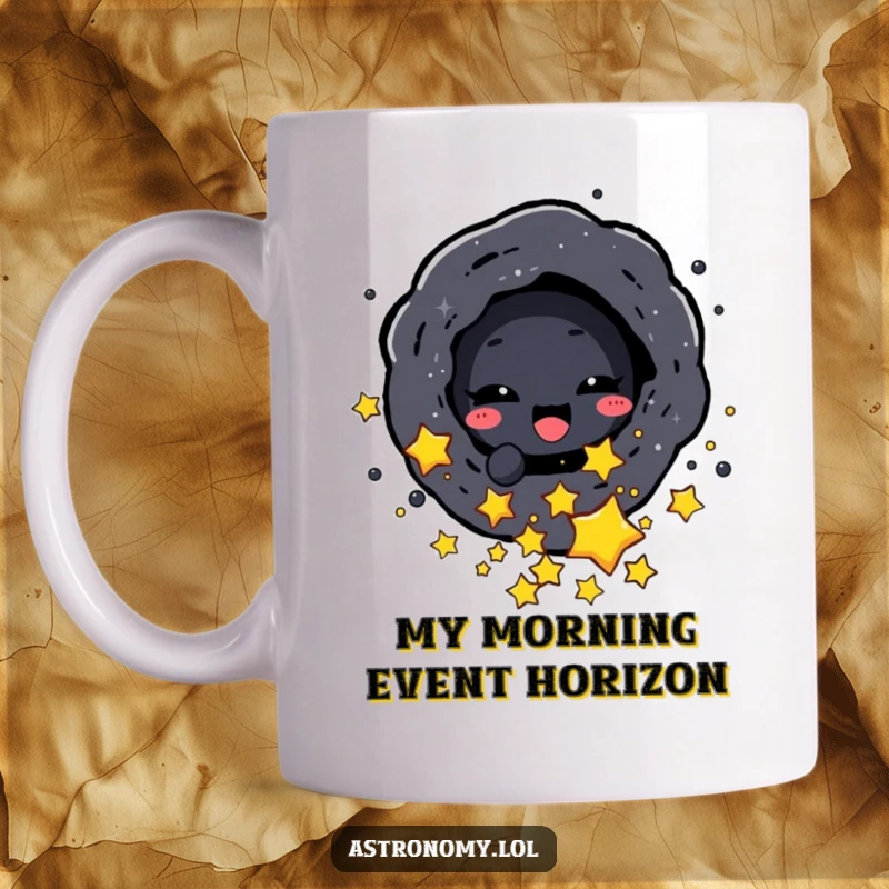 Funny mug showcasing a delighted black hole character playfully consuming small stars, a cosmic and humorous scene.