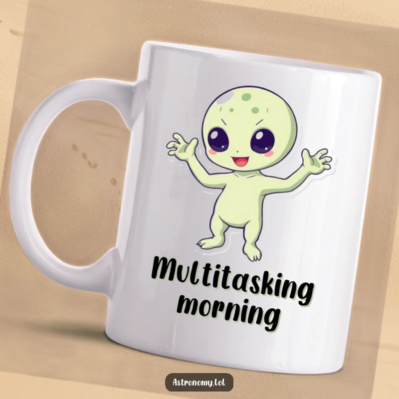 Funny mug featuring a vibrant, bouncing alien character enthusiastically waving with all three of its arms, radiating friendly vibes.