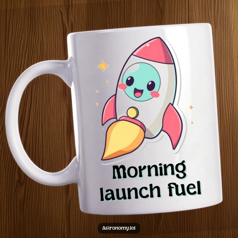 Funny cheerful rocketship character blasting off with a big smile, depicted on a humorous mug.