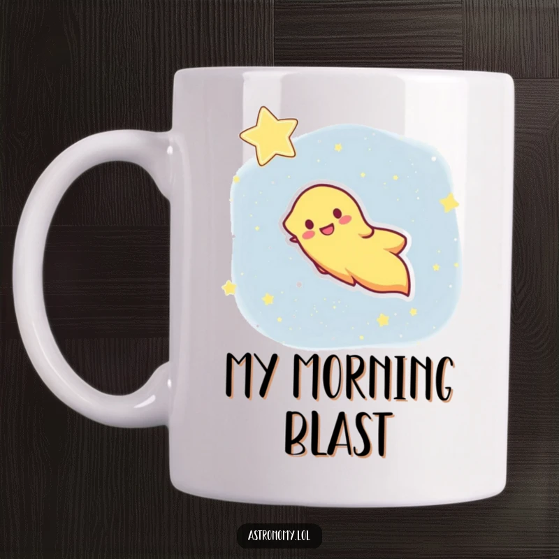Funny mug depicts a happy comet with a trailing tail streaking across a starry night sky, conveying speed and joy.