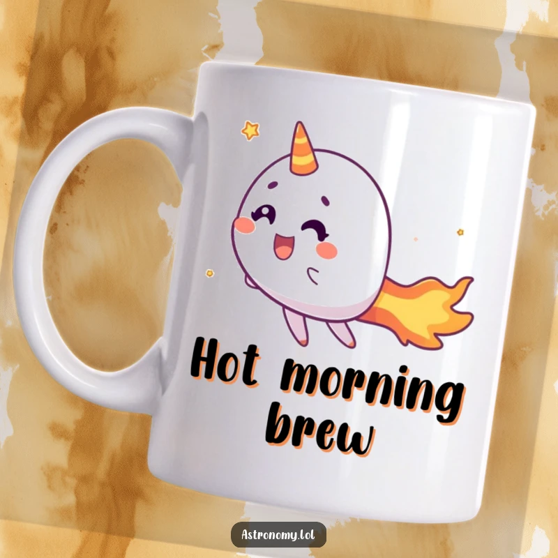 Funny comet mug featuring a cheerful character with a fiery tail zipping across space, a blast of humor.
