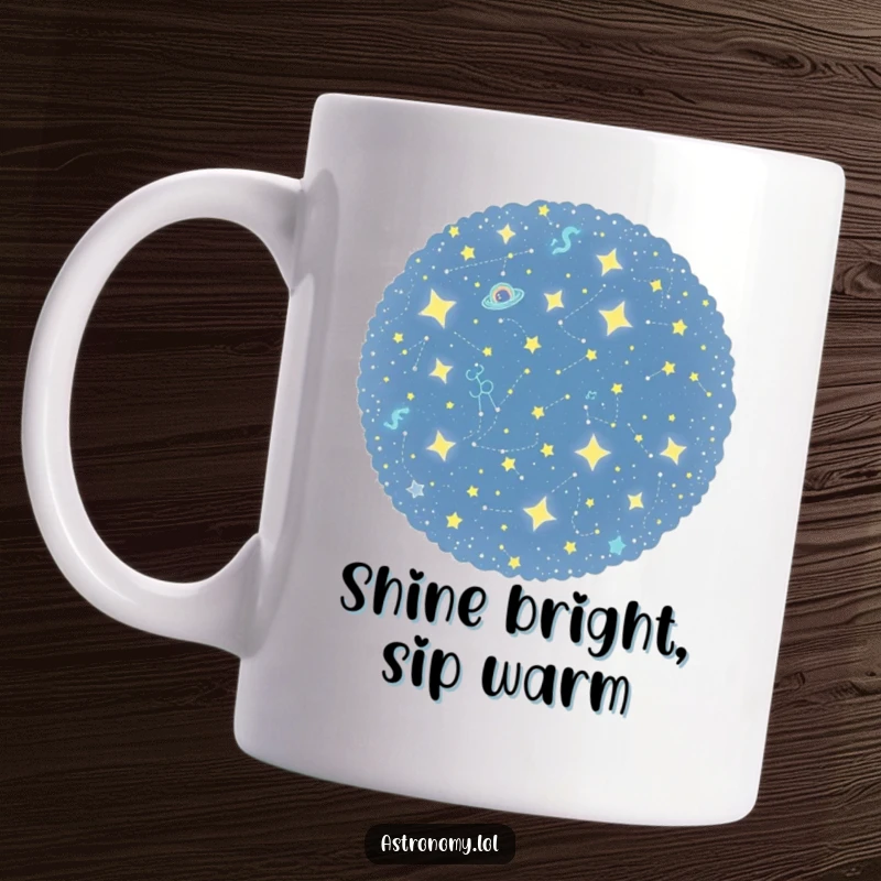 Funny mug featuring a curious constellation cluster playfully twinkling with tiny, sparkling stars, evoking cosmic wonder.