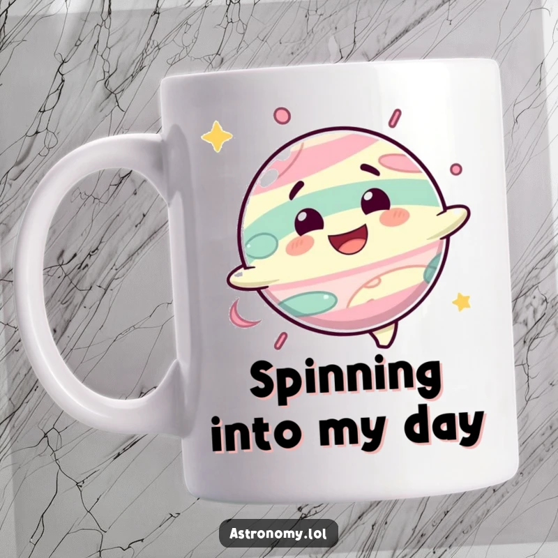Funny mug featuring a delighted planet character spinning happily with a wide, infectious grin.