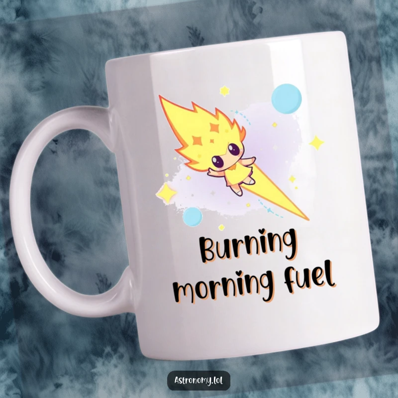 Funny determined meteor character streaking across a dark night sky on a ceramic mug, symbolizing drive.