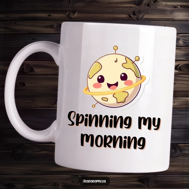 Funny happy planet character spinning cheerfully on its axis, on a ceramic mug, radiating positivity and fun.