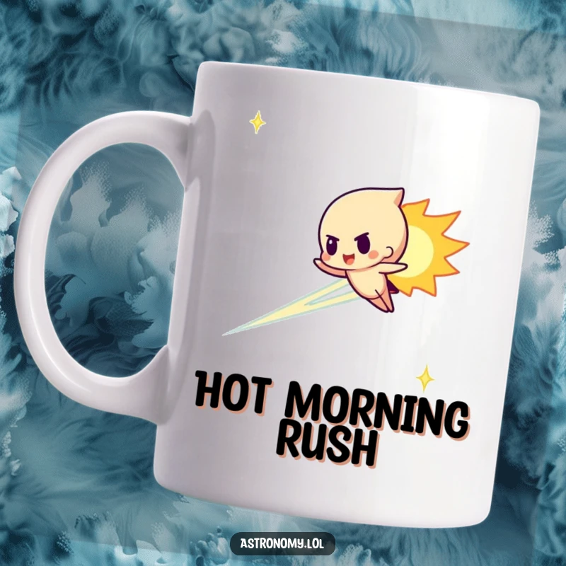 Funny meteor character streaking determinedly across the sky on a ceramic mug, adding speed and humor.