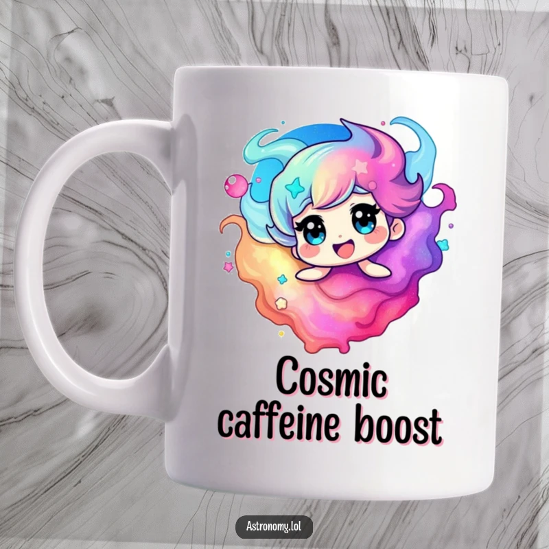 Funny nebula mug showcasing a delighted, swirling character in vibrant cosmic colors, radiating pure joy and wonder.
