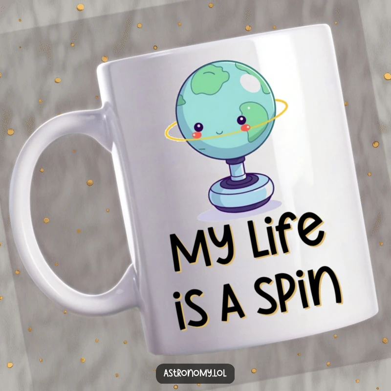 Funny mug: A small planet wobbling on a spinning fidget toy, showcasing a humorous take on balance and stress relief.