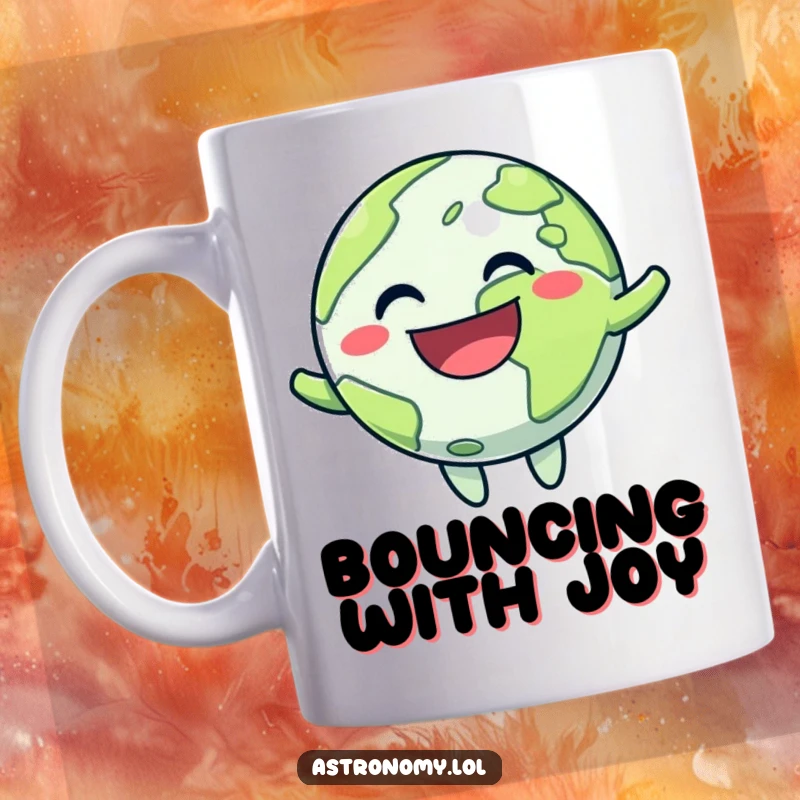 Funny mug of a small, round planet character happily bouncing with a wide, joyful grin, radiating positive cosmic energy.